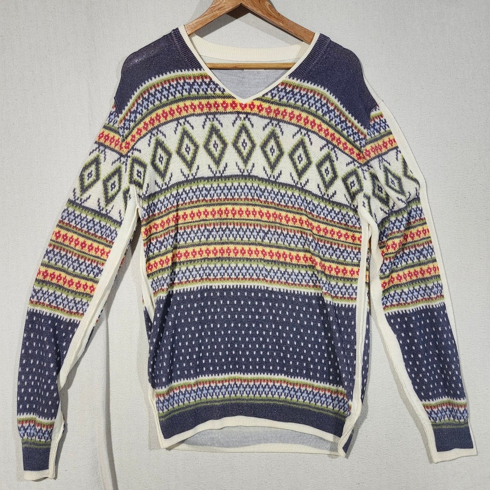 D&G Dolce & Gabbana Womens Fair Isle Geometric V-Neck Knit Sweater Multicolor L